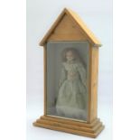 19th century wax shoulder head doll with applied hair and inset glass eyes,