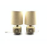 Pair ceramic and wood table lamps with shades,