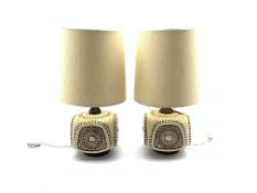 Pair ceramic and wood table lamps with shades,
