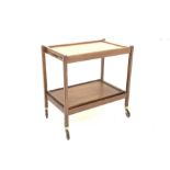 Mid century afromsia teak two tier drinks trolley, with removeable trays, raised on castors,