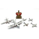 Six dinky die-cast aircraft and a QEII die-cast money box