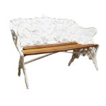 Coalbrookdale style cast metal fern pattern bench, hardwood slatted seat, white painted finish,