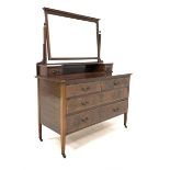 Edwardian inlaid mahogany dressing table with raised mirror back over open shelf and two trinket