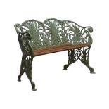 Coalbrookdale style cast metal wheat sheaf bench, hardwood slatted seat, green painted finish,