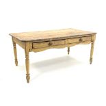 Victorian pine dining table, waxed scrub top over two frieze drawers to one side,