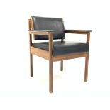 Mid 20th century teak armchair, upholstered in black leather,