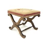 William IV Walnut framed stool, floral needlework top on 'X' framed supports, 52cm x 49cm,