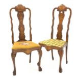 Pair 19th century walnut Dutch marquetry inlaid side chairs with drop in upholstered seat panels,