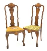 Pair 19th century walnut Dutch marquetry inlaid side chairs with drop in upholstered seat panels,