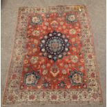Persian design Hamadah ground rug, floral medallion on red field,