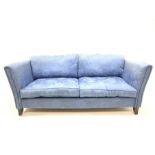 Laura Ashley three seat sofa upholstered in blue fabric, raised on square splayed walnut supports,