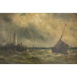 W Martin (British 19th/20th century): Fishing Boat Coming into Harbour in Rough Seas oil on canvas