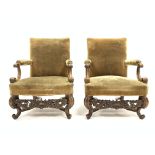 Pair early 19th century carved walnut Gainsborough chairs, with scrolled arm terminals,