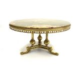 Early 20th century onyx and gilt circular coffee table with pierced frieze and baluster columns on