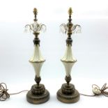 Pair 20th century painted metal table lamps hung with lustre drops on circular bases H70cm