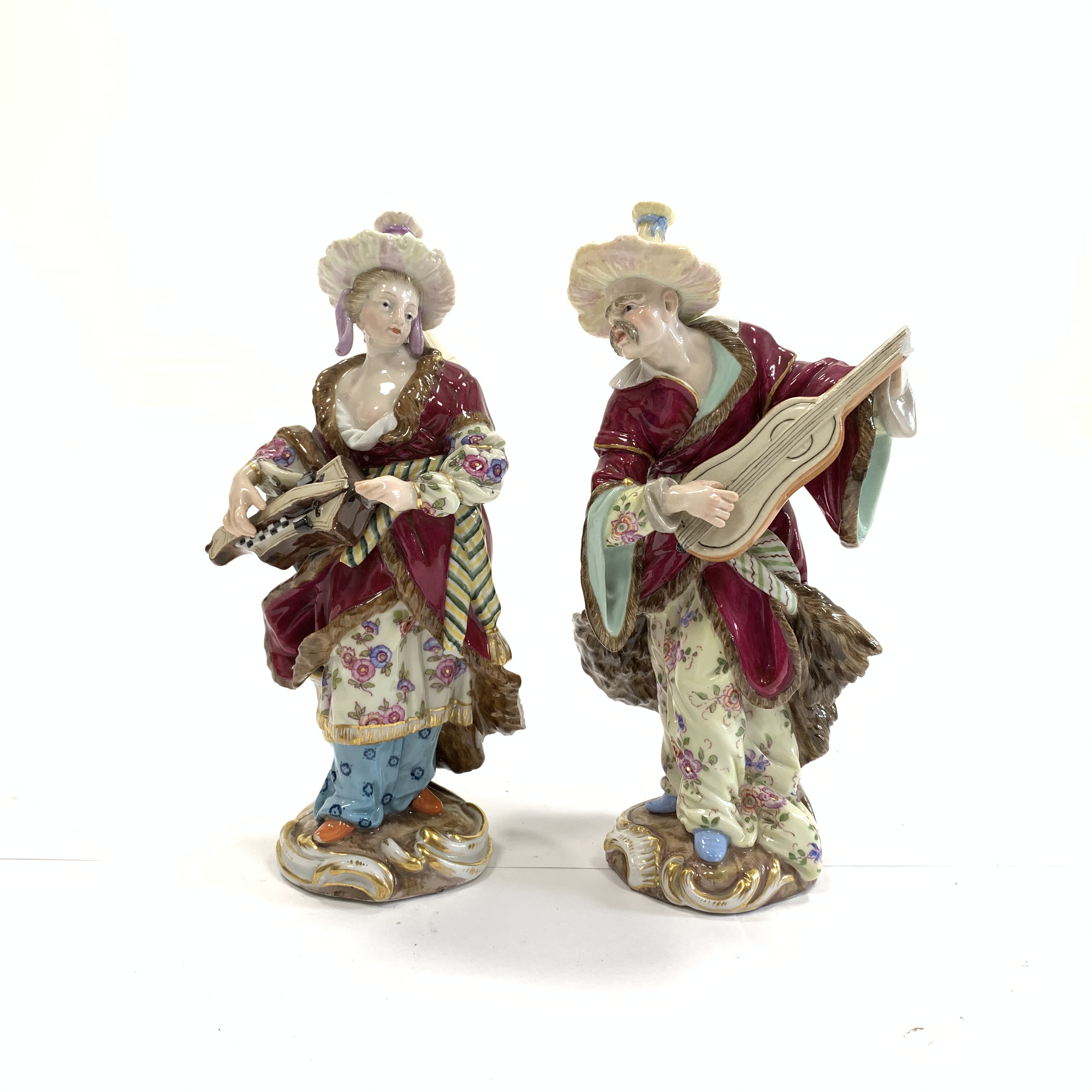 Pair of 18th Century style Meissen figures 'Man and Woman from Malabar' after Friedrich Meyer H17cm
