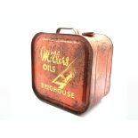 Vintage 'robbican' oil can, yellow painted with 'Millers oils Brighouse' to the front,