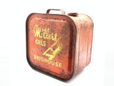 Vintage 'robbican' oil can, yellow painted with 'Millers oils Brighouse' to the front,