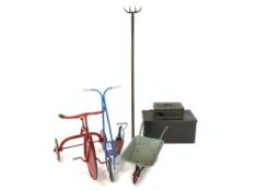 Red painted child's tricycle, vintage 'Bantel' scooter, child's wheelbarrow, small metal cash tin,