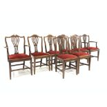 Set eight (6+2) mahogany Hepplewhite style dining chairs, each having pierced splats,