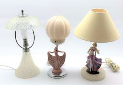 Art Deco chromium plated table lamp with fluted glass shade and pottery figure H34cm,