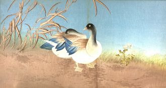 Fabric depiction of water fowl in an Arts & Crafts frame,