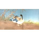 Fabric depiction of water fowl in an Arts & Crafts frame,