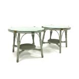 Pair of modern circular Lloyd loom lamp tables, with plate glass top, under tier,