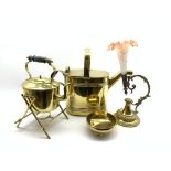 Brass watering can with impressed mark to base, brass spirit kettle on stand,