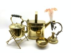 Brass watering can with impressed mark to base, brass spirit kettle on stand,