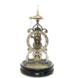 20th century Gothic design skeleton mantel clock under glass dome,