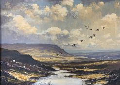 John H Capstick (British 20th century): Mallards in Flight over a Moorland,