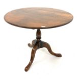 Georgian design oak snap top circular occasional table, on turned column and triple spay supports,