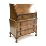 Early 20th century walnut bureau, inlai fall front revealing fitted interior,