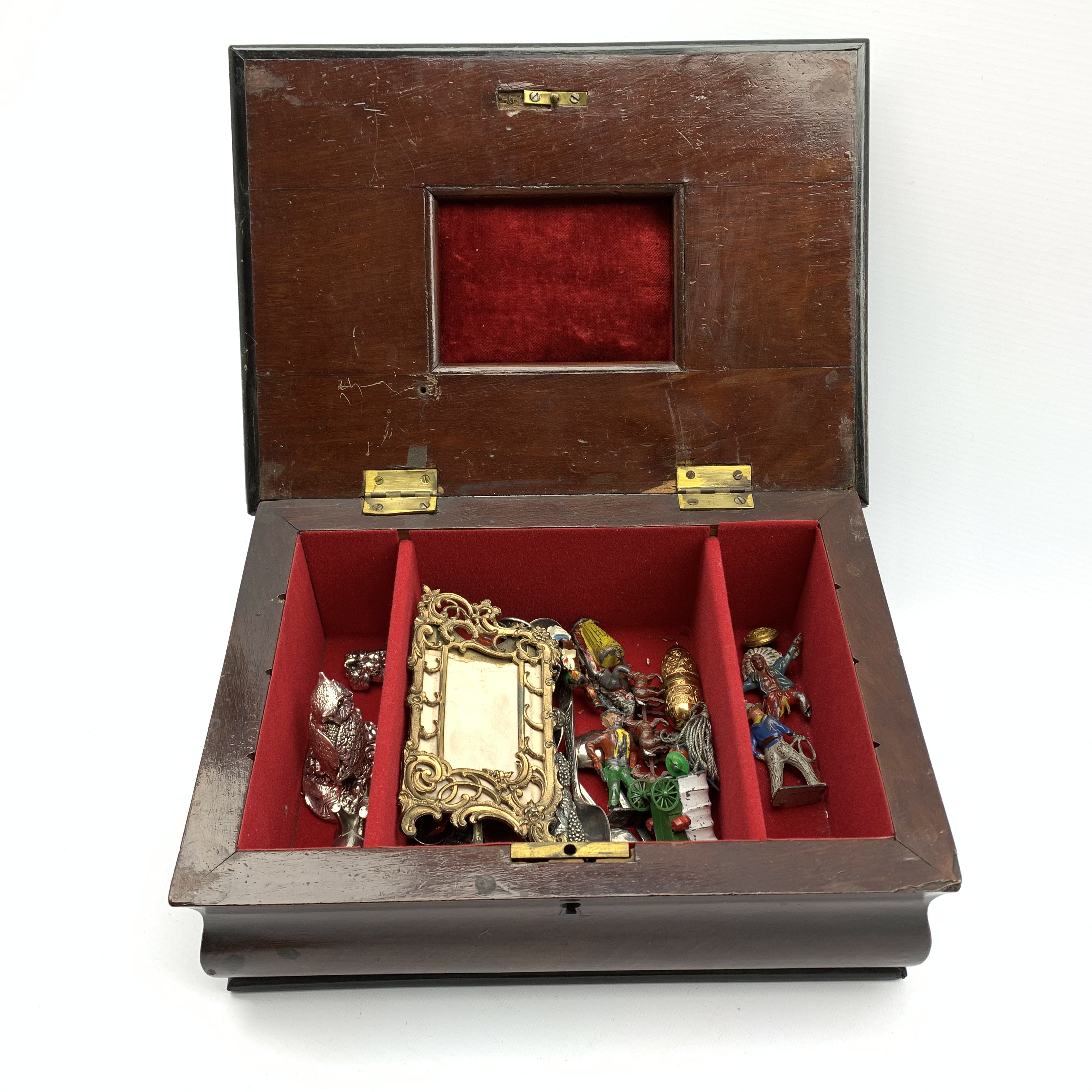 Victorian mahogany jewellery box and contents including elephant pin cushion,