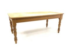 Victorian design farmhouse pine dining table, raised on turned supports, W91cm x 184cm,