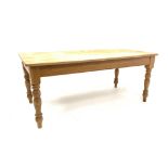 Victorian design farmhouse pine dining table, raised on turned supports, W91cm x 184cm,