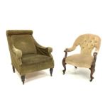 Victorian rosewood open armchair, upholstered in deep buttoned green velvet,