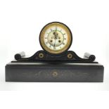 Victorian slate mantel clock with incised scrolled gilt detail,