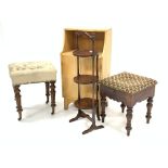 Victorian walnut upholstered stool with turned supports raised on castors,