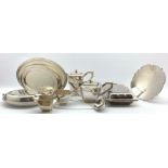 Art Deco four piece silver plated tea set, silver plated footed dish,