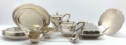 Art Deco four piece silver plated tea set, silver plated footed dish,