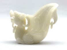 Chinese Jade style libation cup, with dog of fo and ring loop suspension handles, L18cm,