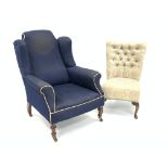 19th century mahogany framed wingback armchair, upholstered in blue linen,