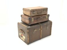 Early 20th century wood bound steamer trunk, (W82cm) together with two leather suitcases,