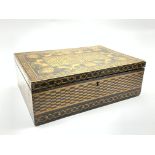 Box with printed chequer design and lion mask boarder to lid, lined interior, 35.5cm x 24.