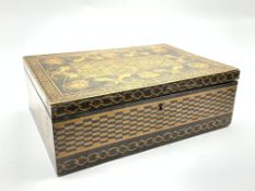 Box with printed chequer design and lion mask boarder to lid, lined interior, 35.5cm x 24.