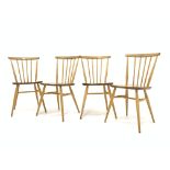 Set four vintage Ercol chairs, with spindle backs and saddle seats, turned supports,