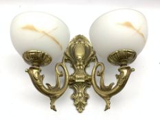 Set six brass two branch electric wall sconces with frosted glass shades,