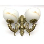 Set six brass two branch electric wall sconces with frosted glass shades,